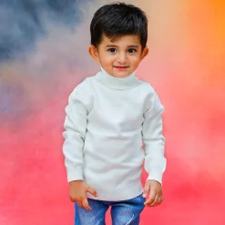 Basic Polo Neck Ribbed Premium Full Sleeves Knitted Kids Sweater - White