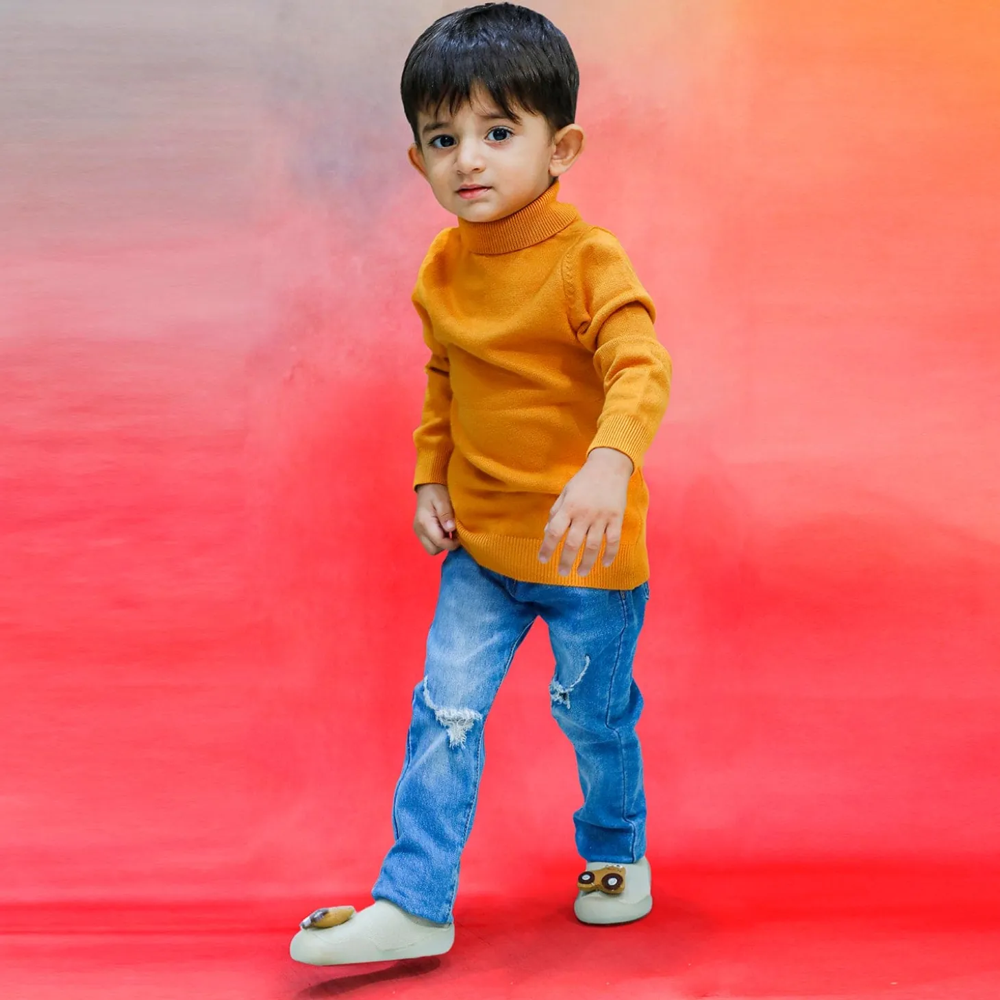 Basic Polo Neck Ribbed Premium Full Sleeves Knitted Kids Sweater - Orange