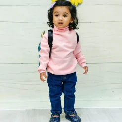 Basic Polo Neck Ribbed Premium Full Sleeves Knitted Kids Sweater - Pink
