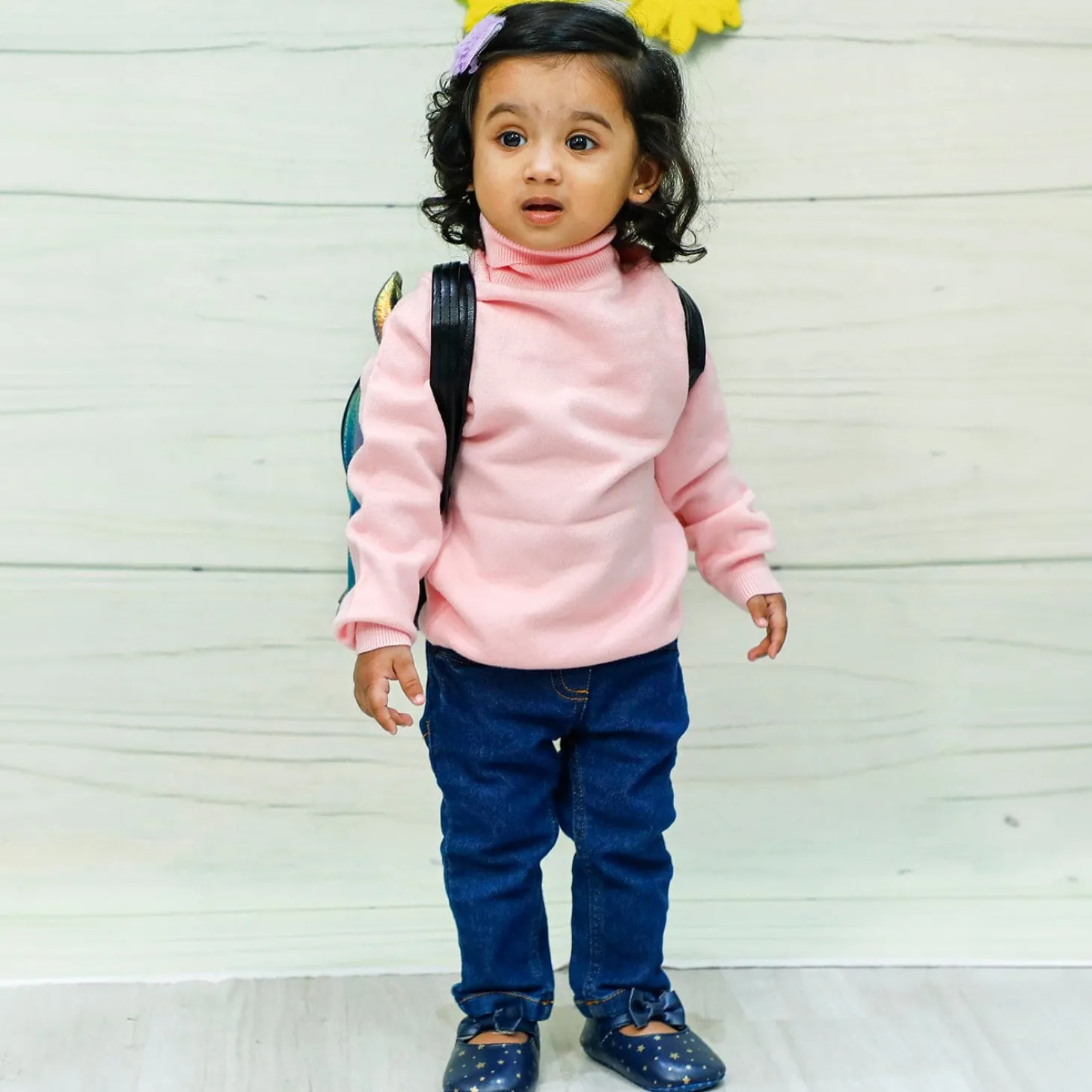 Basic Polo Neck Ribbed Premium Full Sleeves Knitted Kids Sweater - Pink