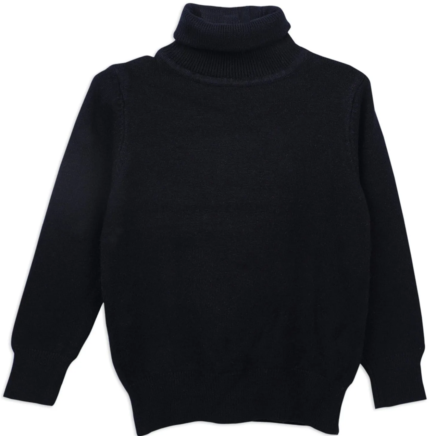 Basic Polo Neck Ribbed Premium Full Sleeves Knitted Kids Sweater - Black