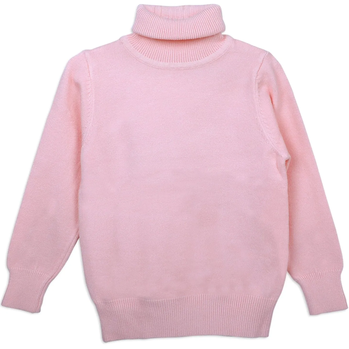 Basic Polo Neck Ribbed Premium Full Sleeves Knitted Kids Sweater - Pink