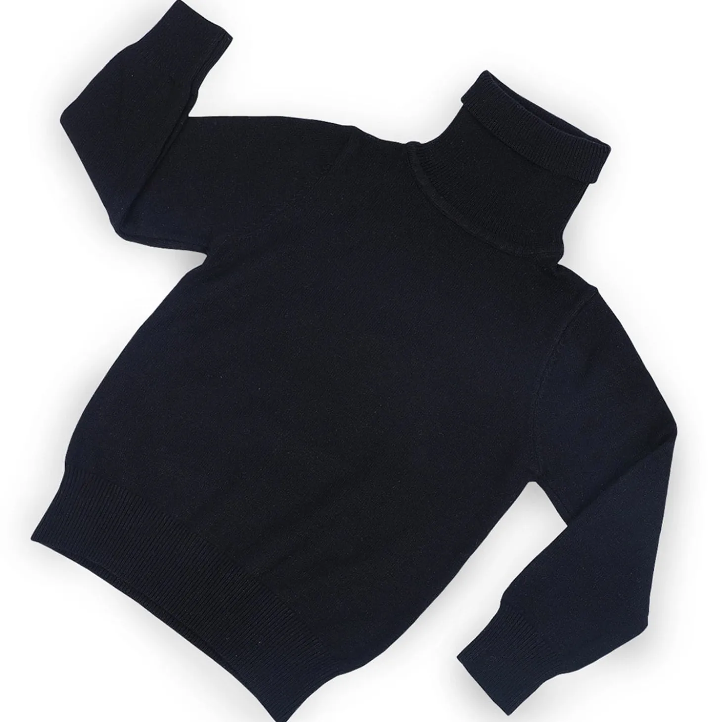 Basic Polo Neck Ribbed Premium Full Sleeves Knitted Kids Sweater - Black