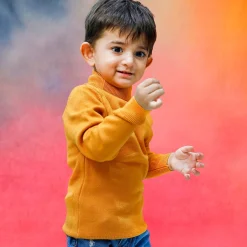 Basic Polo Neck Ribbed Premium Full Sleeves Knitted Kids Sweater - Orange