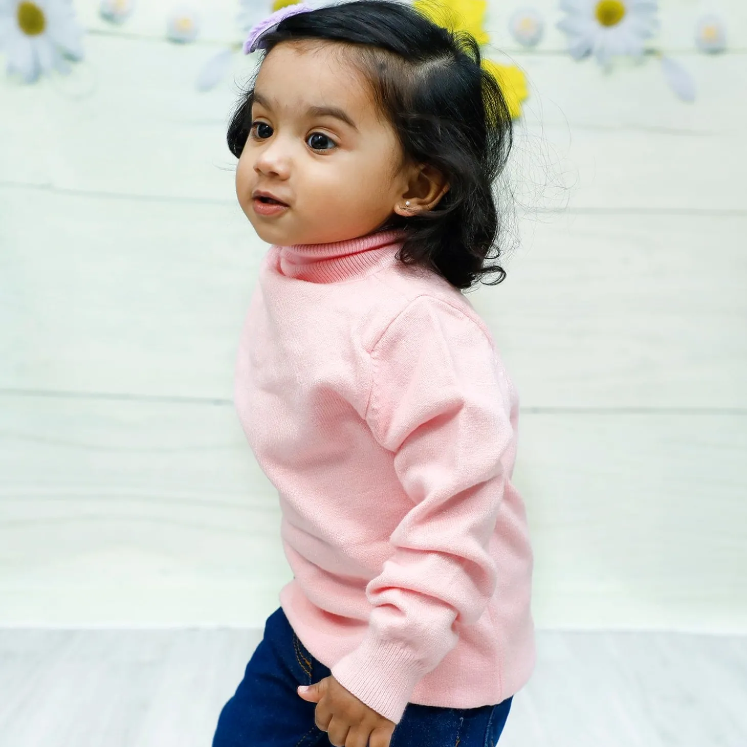 Basic Polo Neck Ribbed Premium Full Sleeves Knitted Kids Sweater - Pink