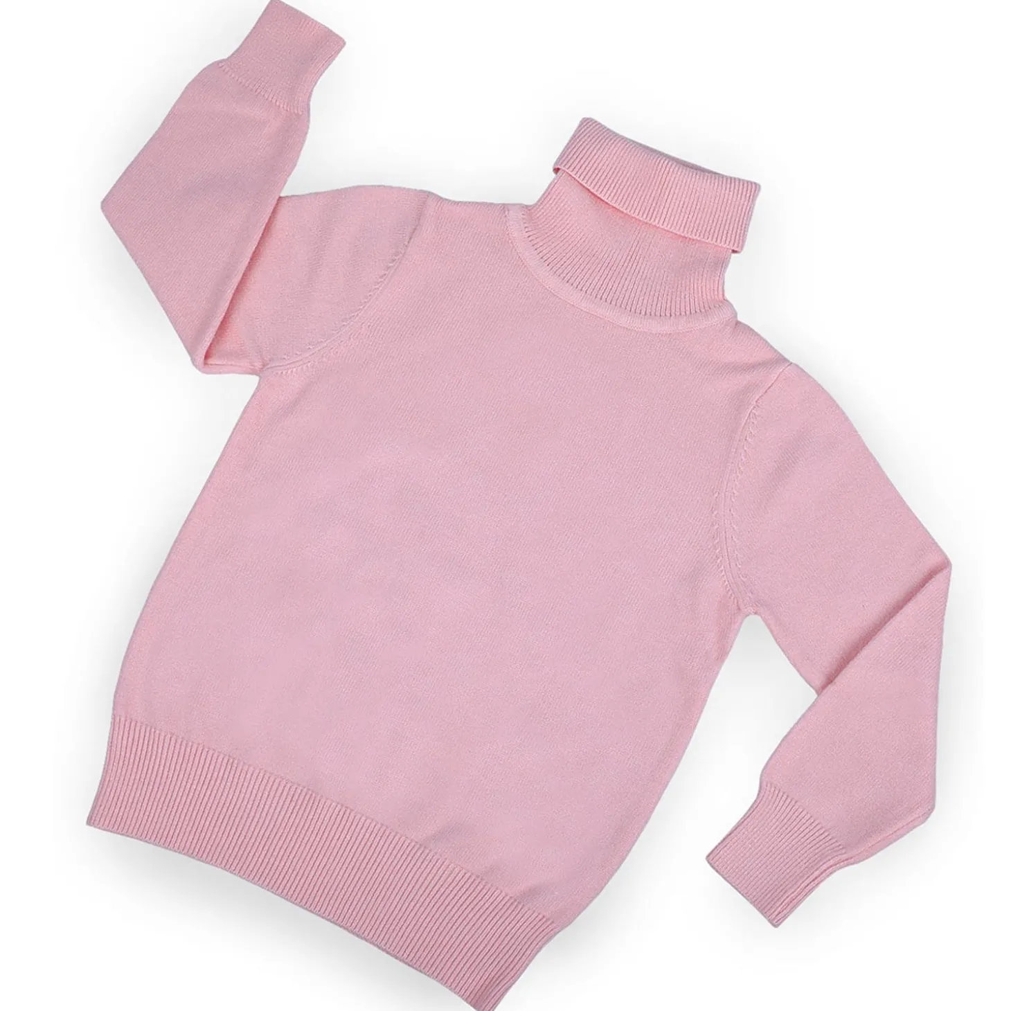 Basic Polo Neck Ribbed Premium Full Sleeves Knitted Kids Sweater - Pink