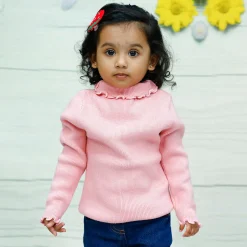 Basic Ribbed Premium Full Sleeves Knitted Kids Sweater - Pink