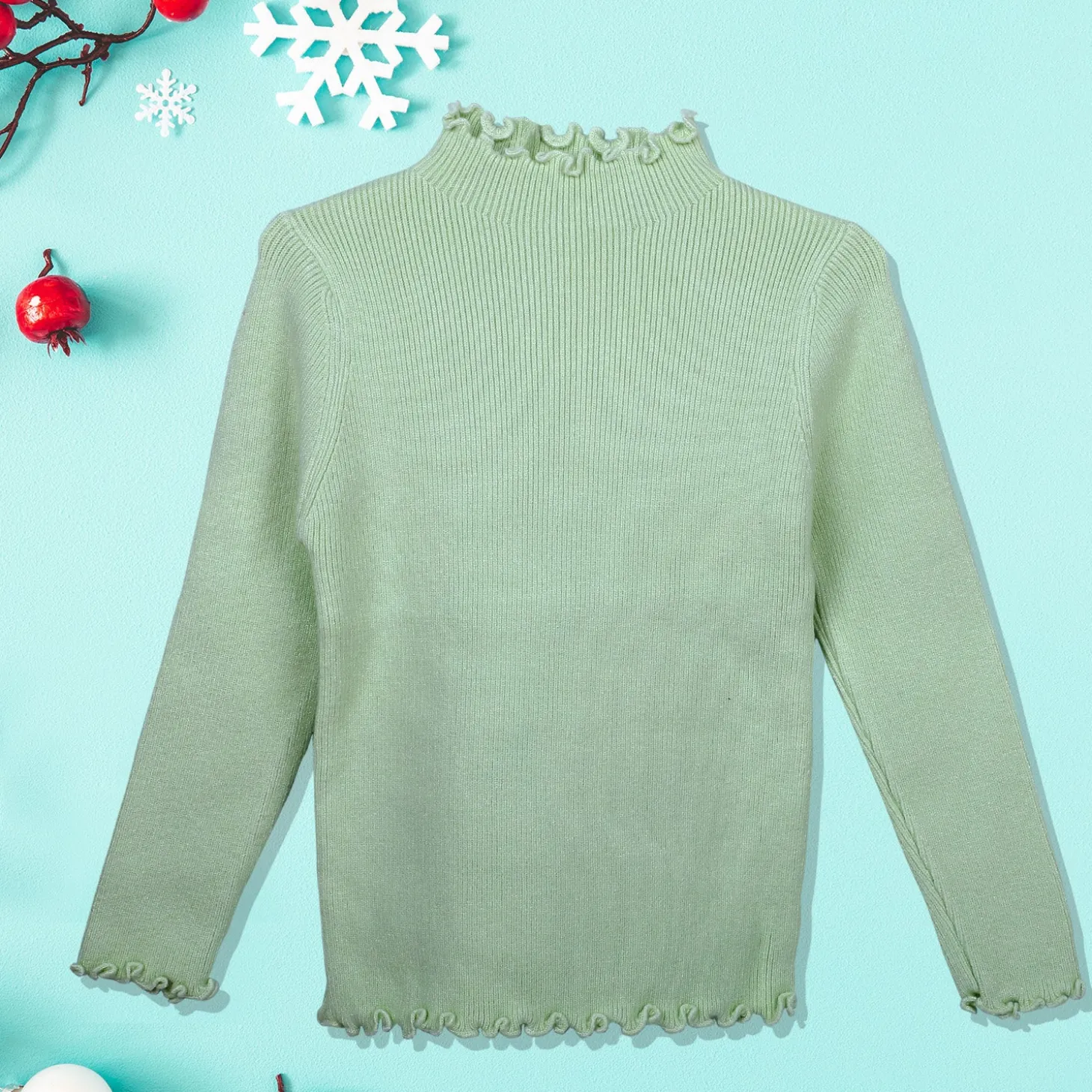 Basic Ribbed Premium Full Sleeves Knitted Kids Sweater - Green