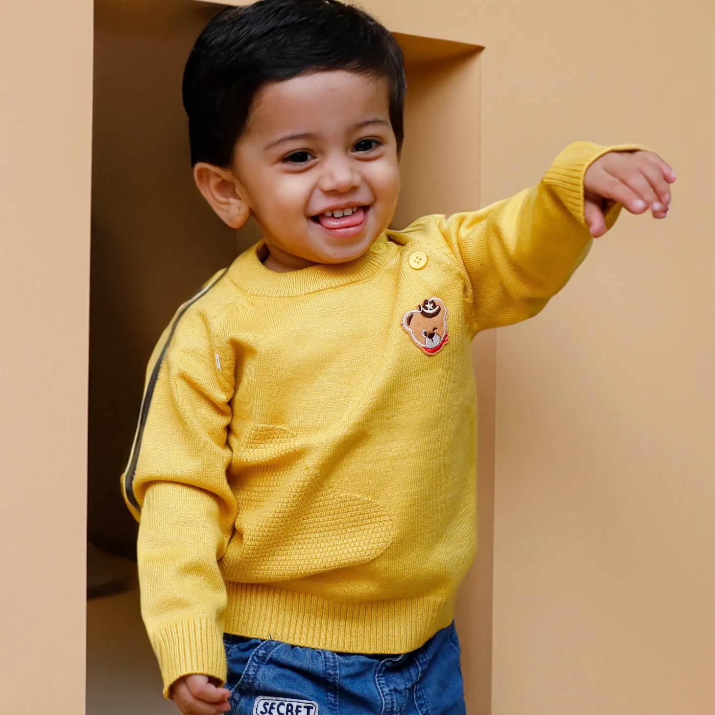 Bear Embroidery Premium Full Sleeves Knitted Sweater - Mustard