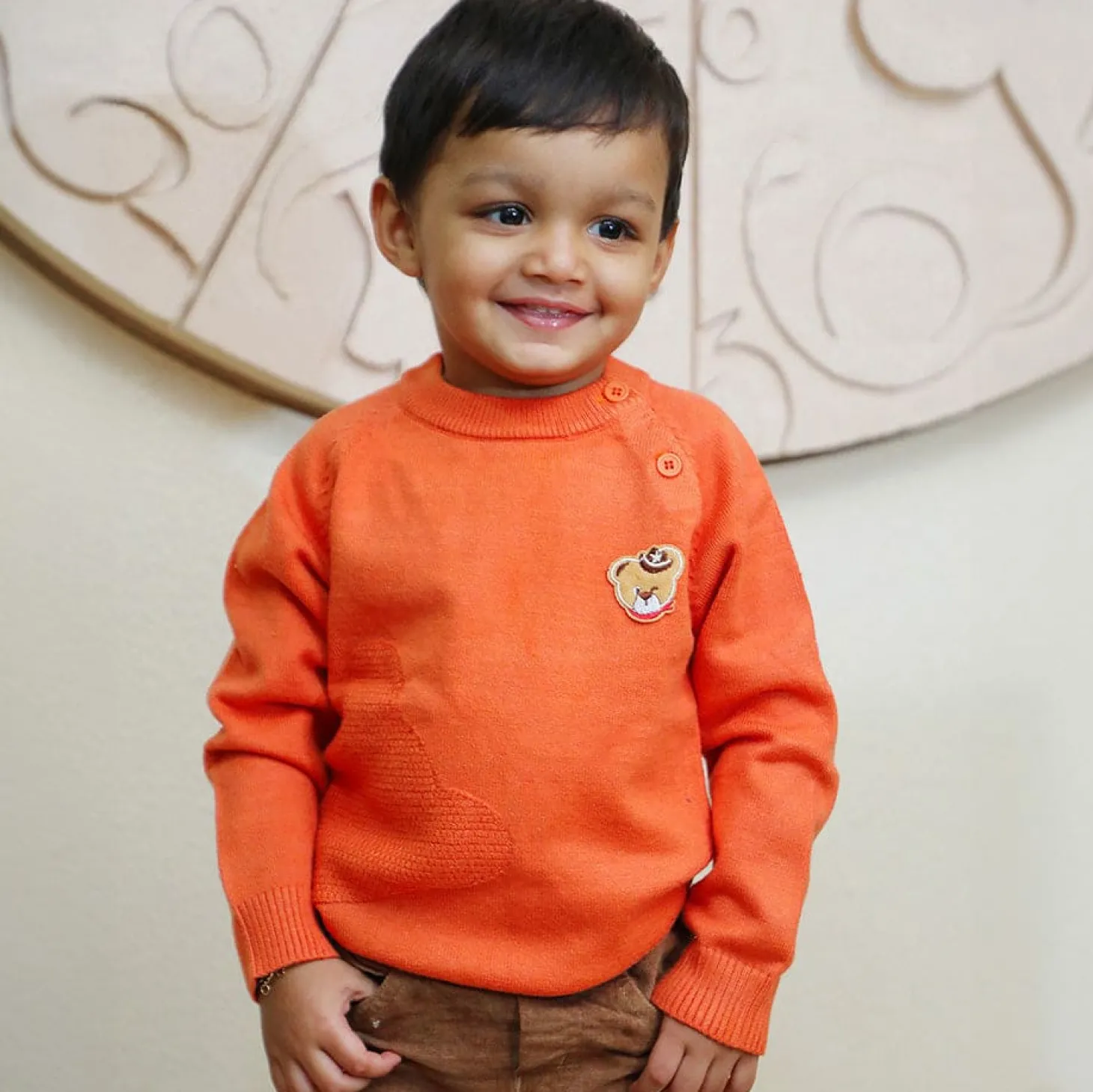 Bear Embroidery Premium Full Sleeves Knitted Sweater - Orange