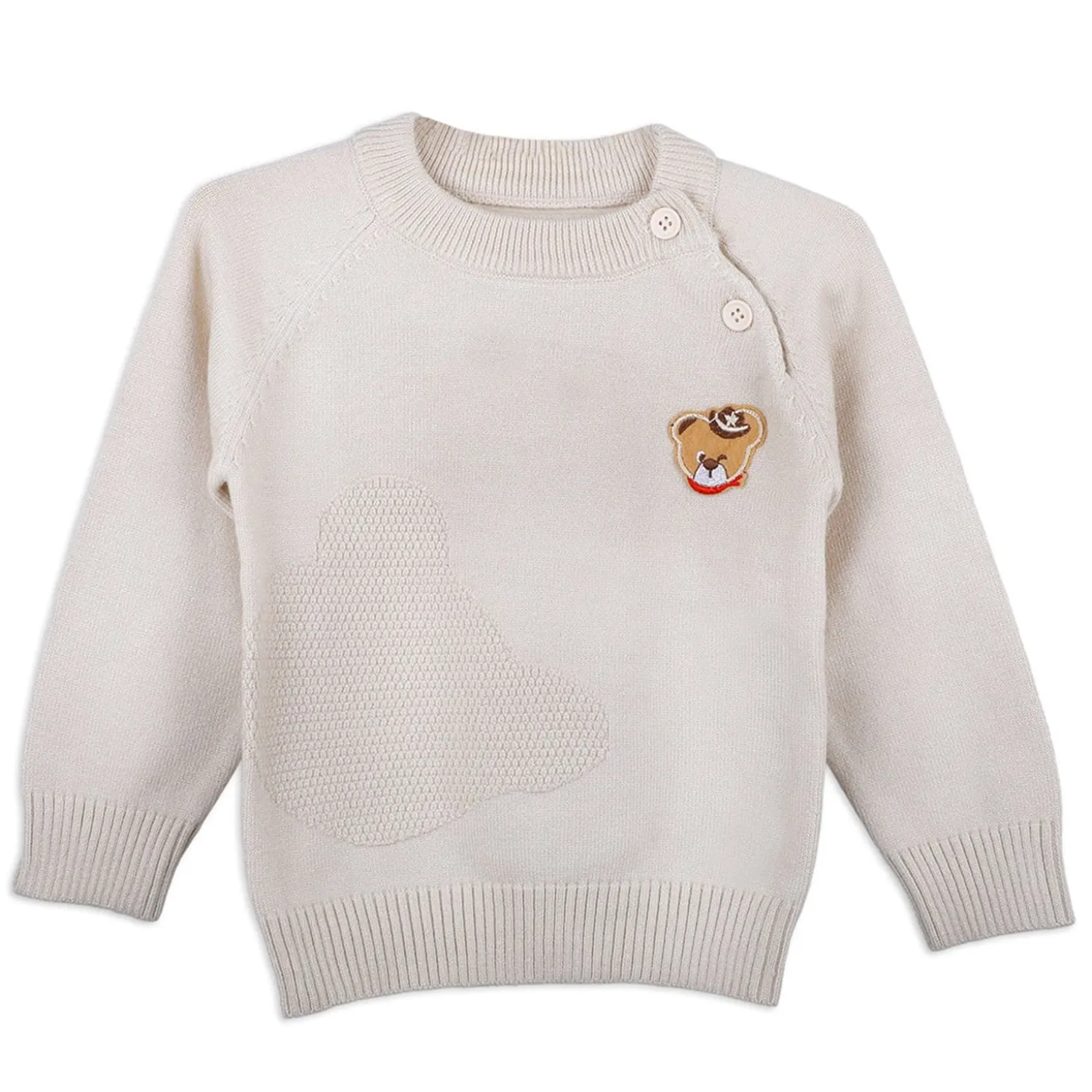 Bear Embroidery Premium Full Sleeves Knitted Sweater - White