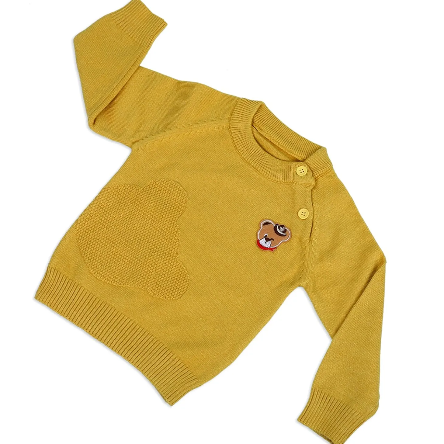 Bear Embroidery Premium Full Sleeves Knitted Sweater - Mustard