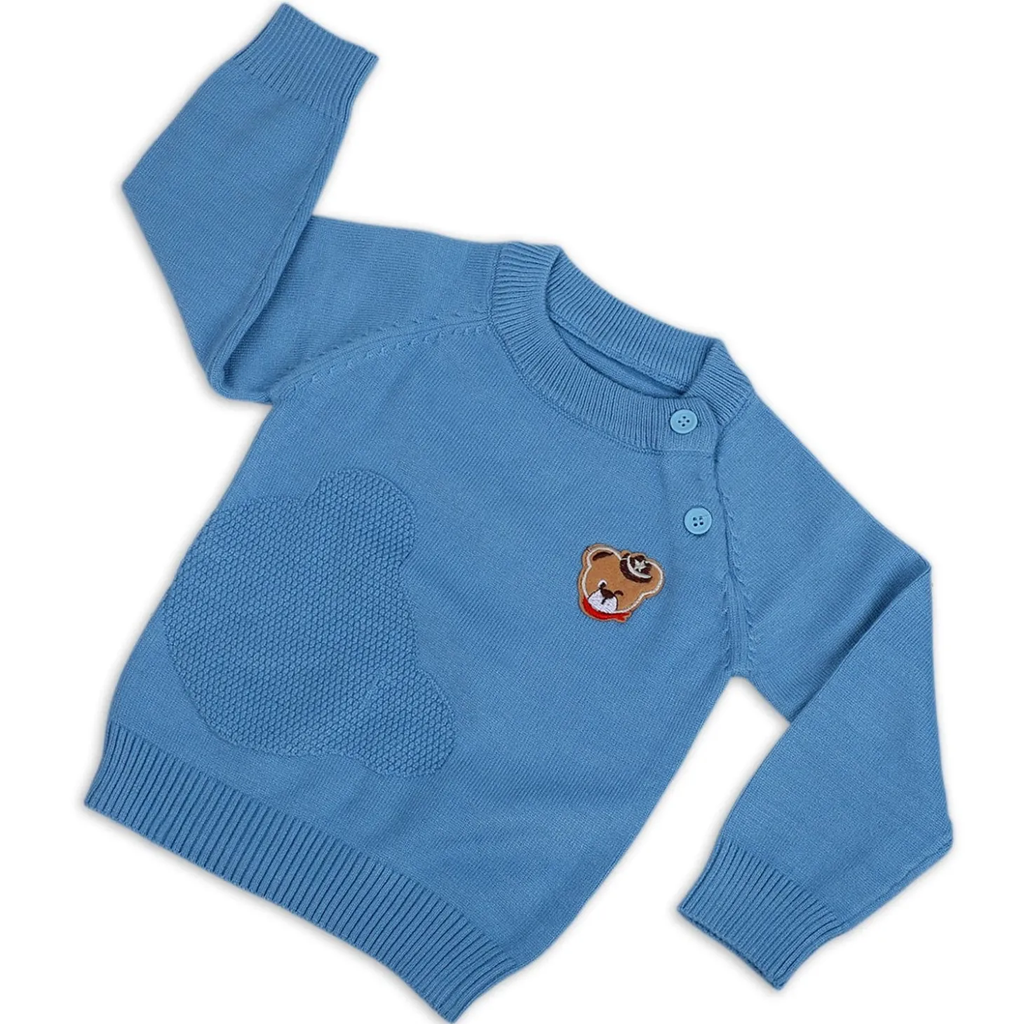 Bear Embroidery Premium Full Sleeves Knitted Sweater - Blue