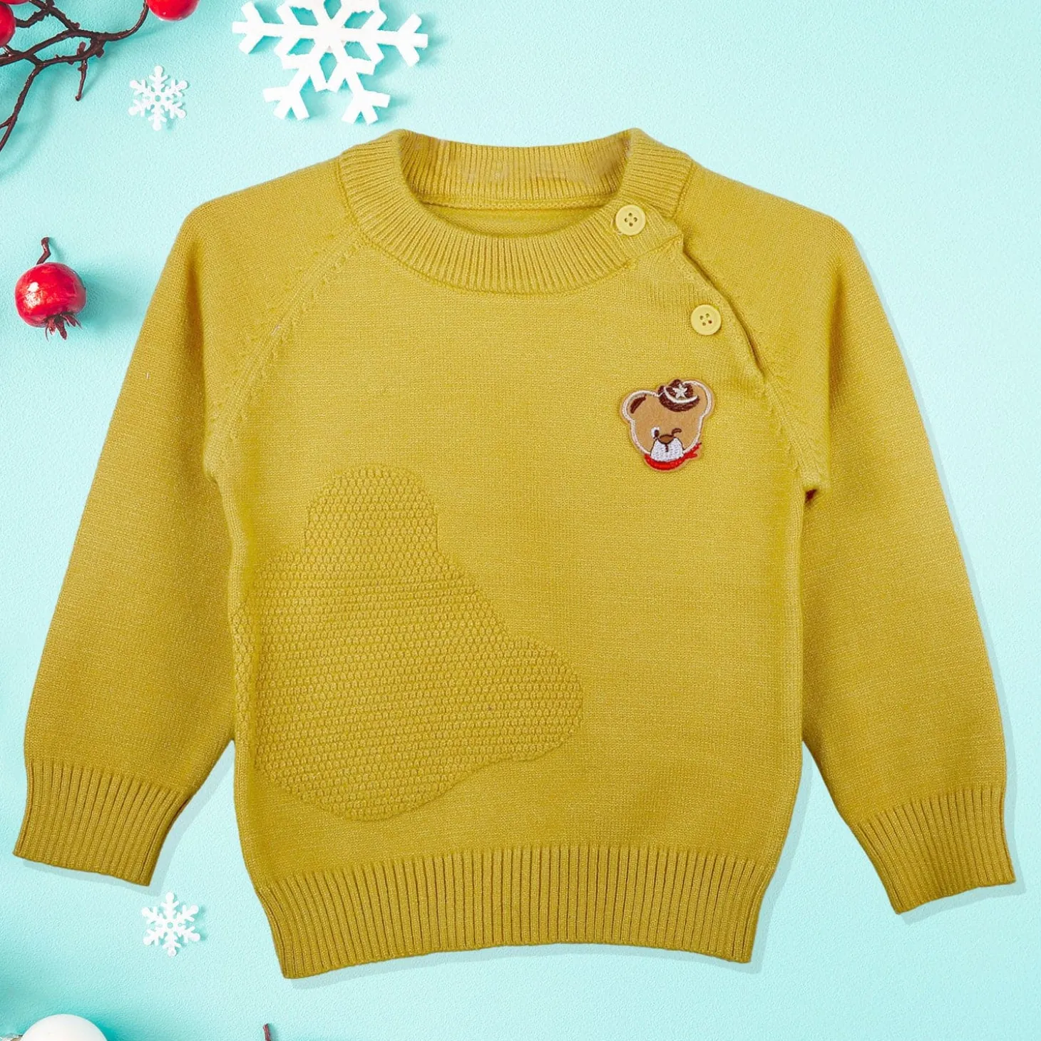 Bear Embroidery Premium Full Sleeves Knitted Sweater - Mustard