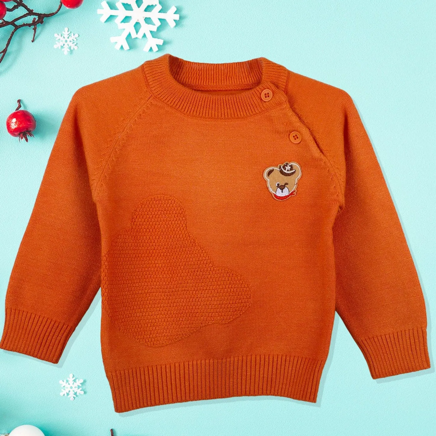 Bear Embroidery Premium Full Sleeves Knitted Sweater - Orange