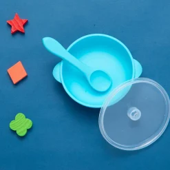 Blue Silicon Bowl With Lid And Spoon Set