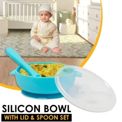 Blue Silicon Bowl With Lid And Spoon Set