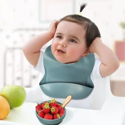 Bluish Grey Waterproof Silicon Bib And Bowl Set