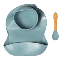 Bluish Grey Waterproof Silicon Bib And Bowl Set