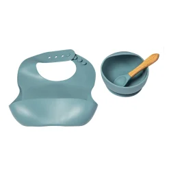 Bluish Grey Waterproof Silicon Bib And Bowl Set