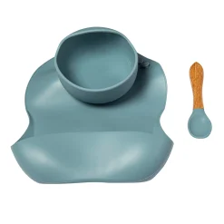Bluish Grey Waterproof Silicon Bib And Bowl Set