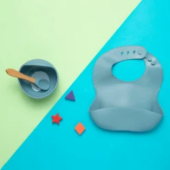 Bluish Grey Waterproof Silicon Bib And Bowl Set