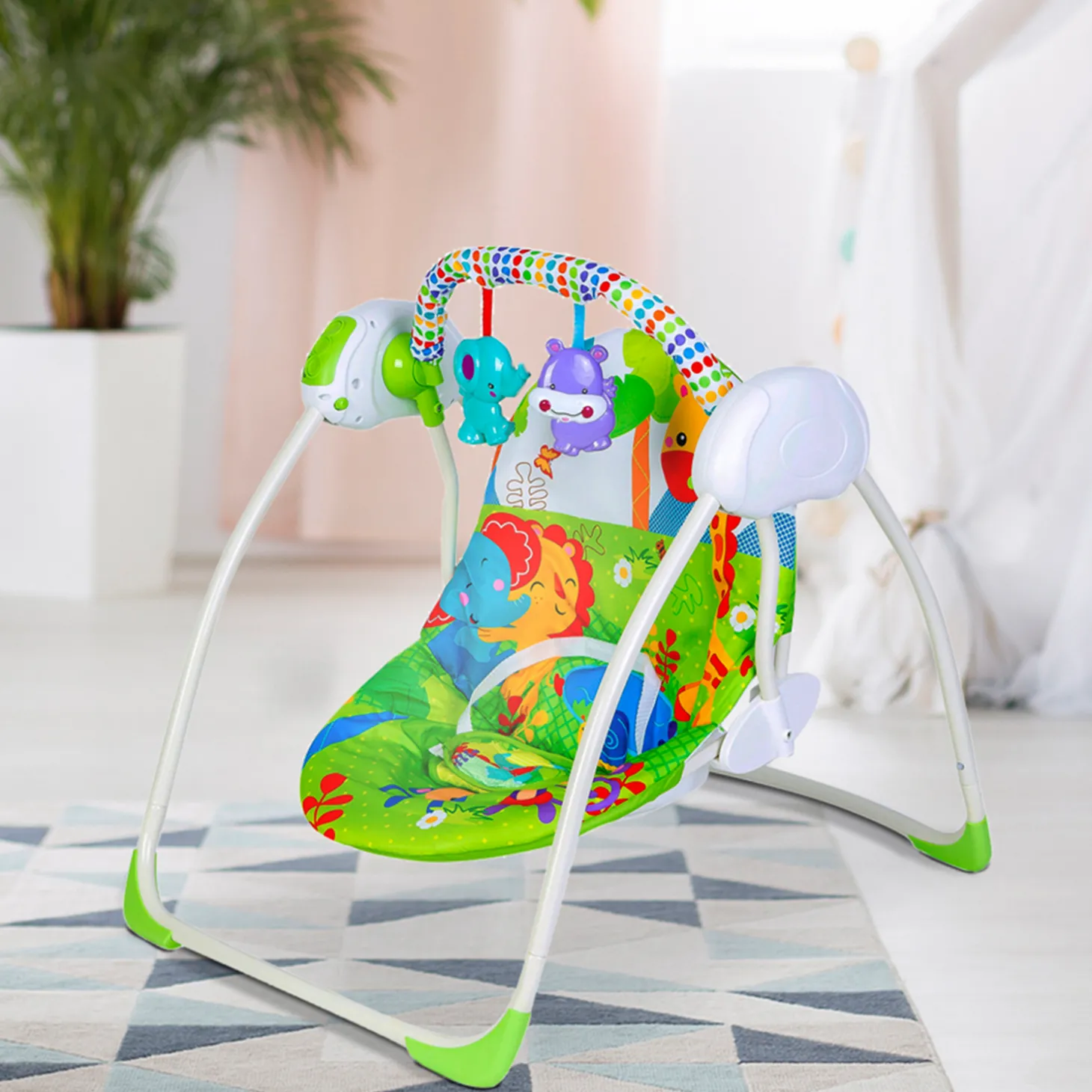 Bright Stars Foldable Musical Comfortable Swing With Animals Green