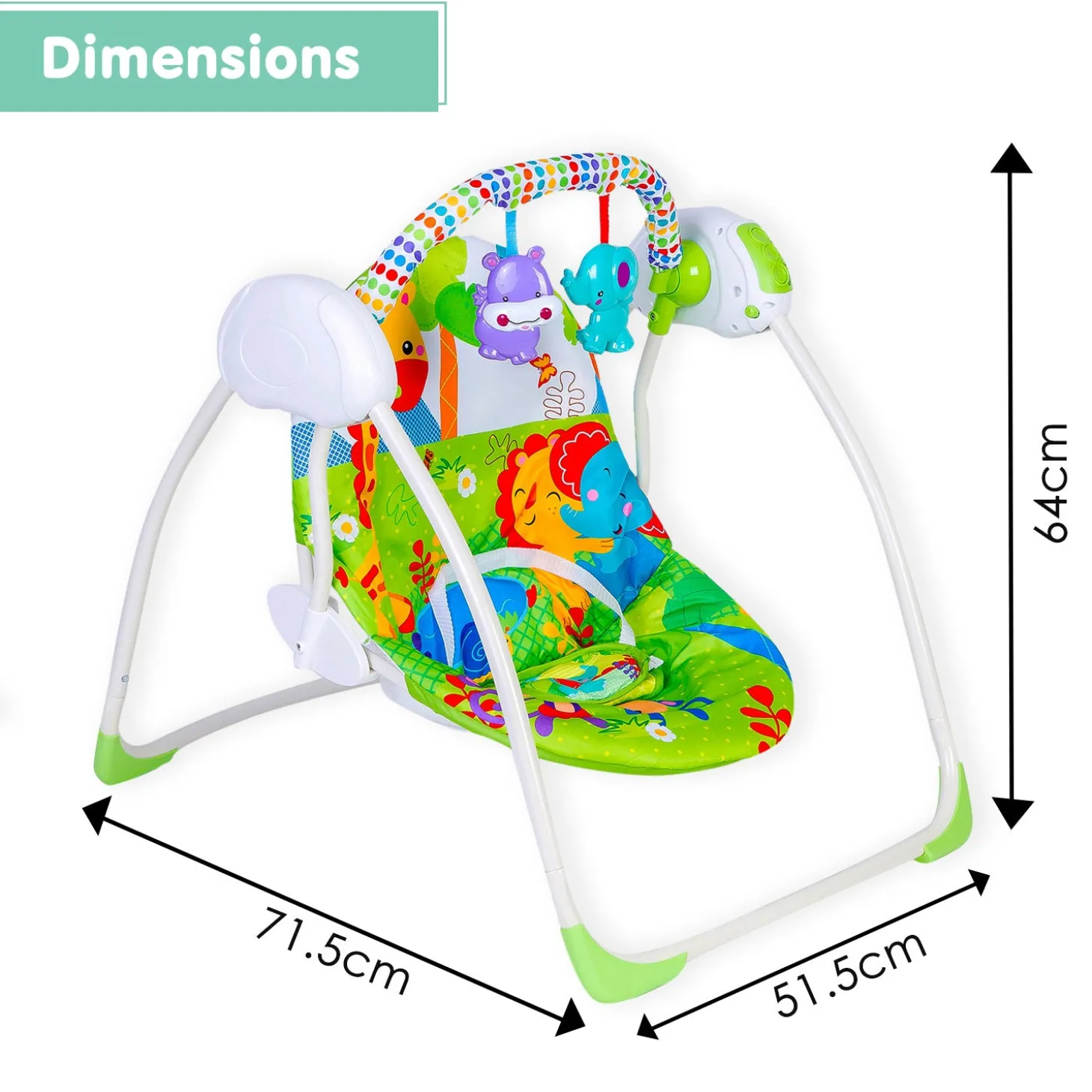Bright Stars Foldable Musical Comfortable Swing With Animals Green