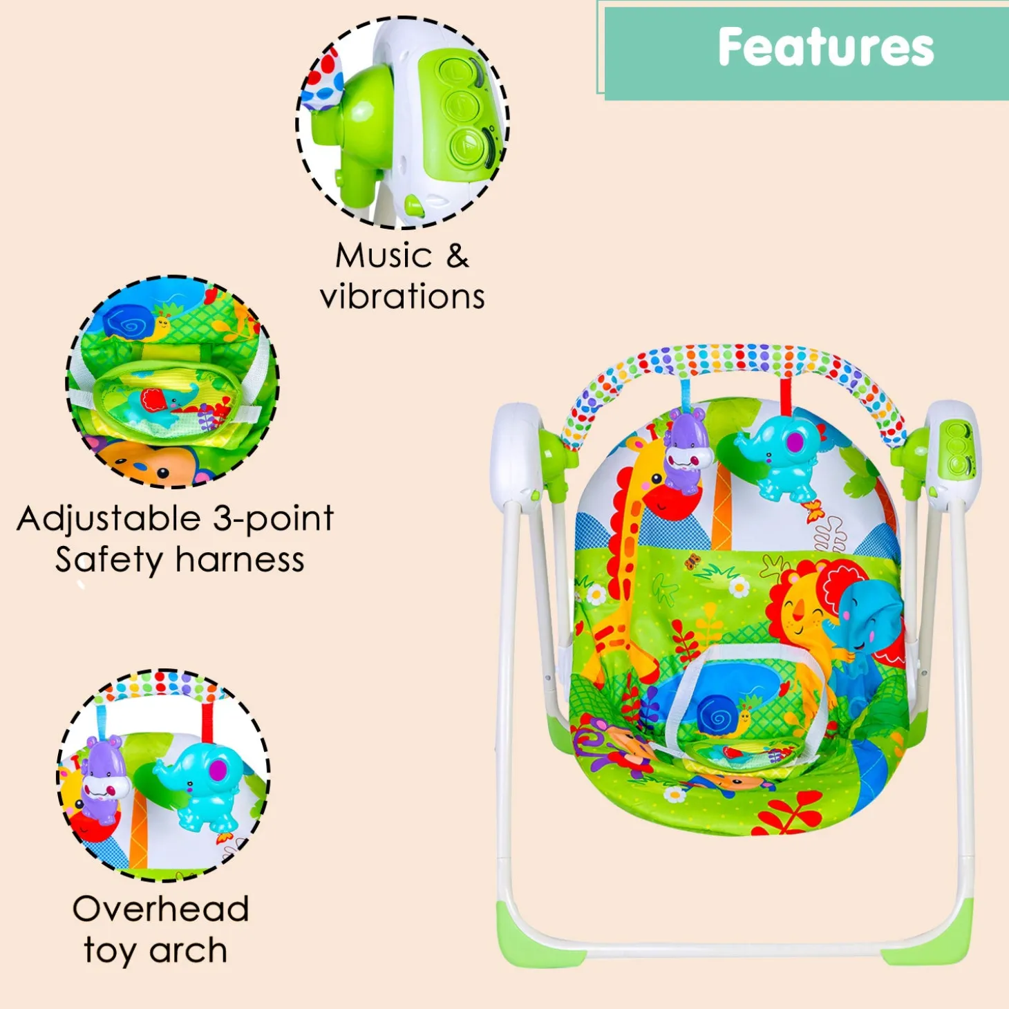 Bright Stars Foldable Musical Comfortable Swing With Animals Green