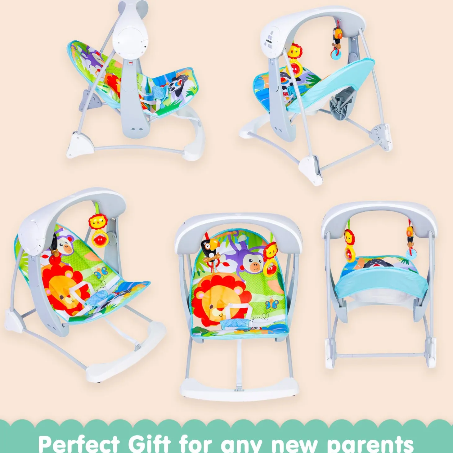 Bright Stars Foldable Musical Comfortable Swing Zoo Print Multicolor