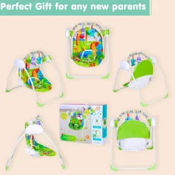 Bright Stars Foldable Musical Comfortable Swing With Animals Green
