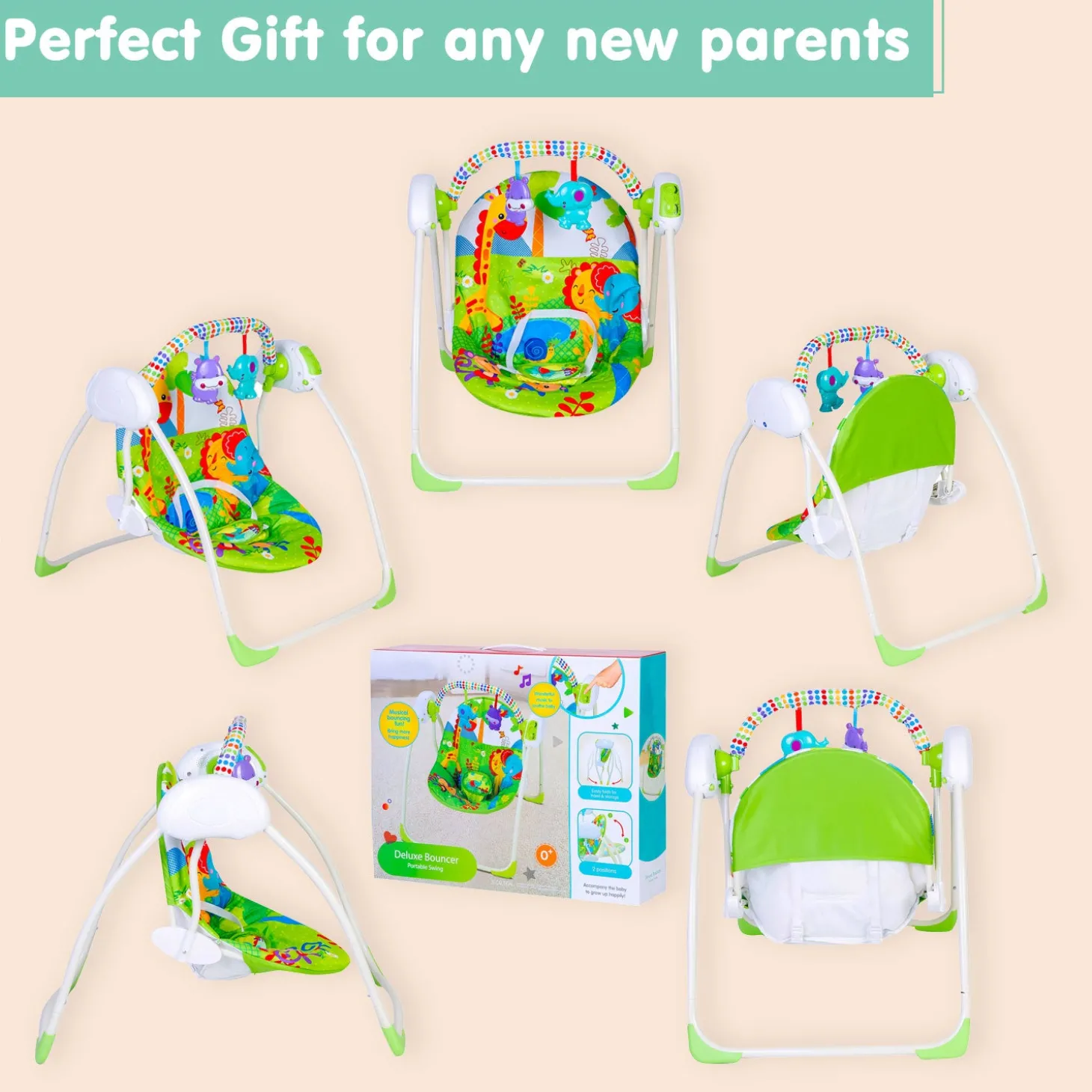 Bright Stars Foldable Musical Comfortable Swing With Animals Green