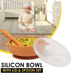 Brown Silicon Bowl With Lid And Spoon Set