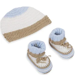 Cap And Booties Gift Set Soft Knitted Blue And White
