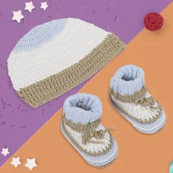 Cap And Booties Gift Set Soft Knitted Blue And White
