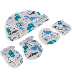 Cap Mittens And Booties Gift Set Dinosaur Blue