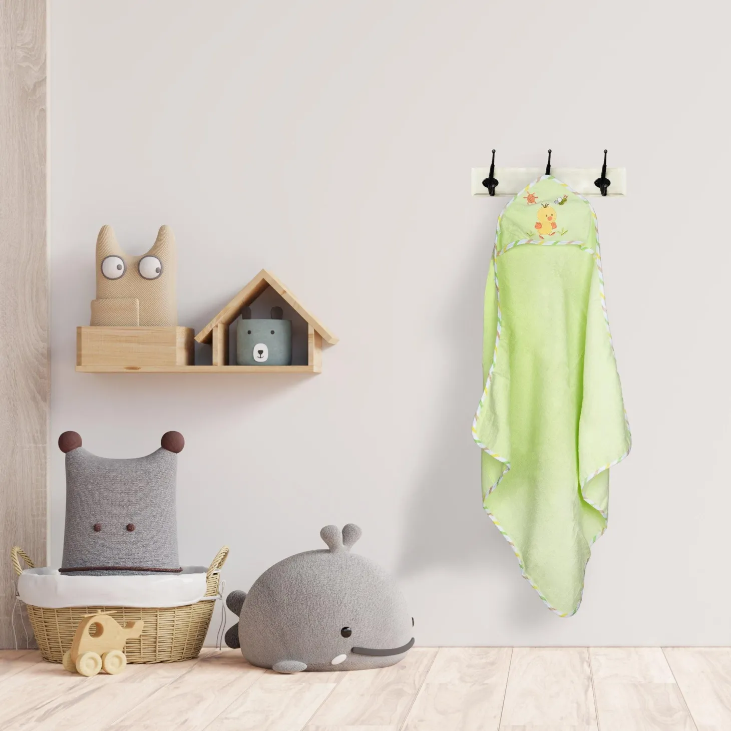 Chick Green Applique Hooded Towel & Wash Cloth Set