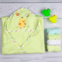 Chick Green Applique Hooded Towel & Wash Cloth Set