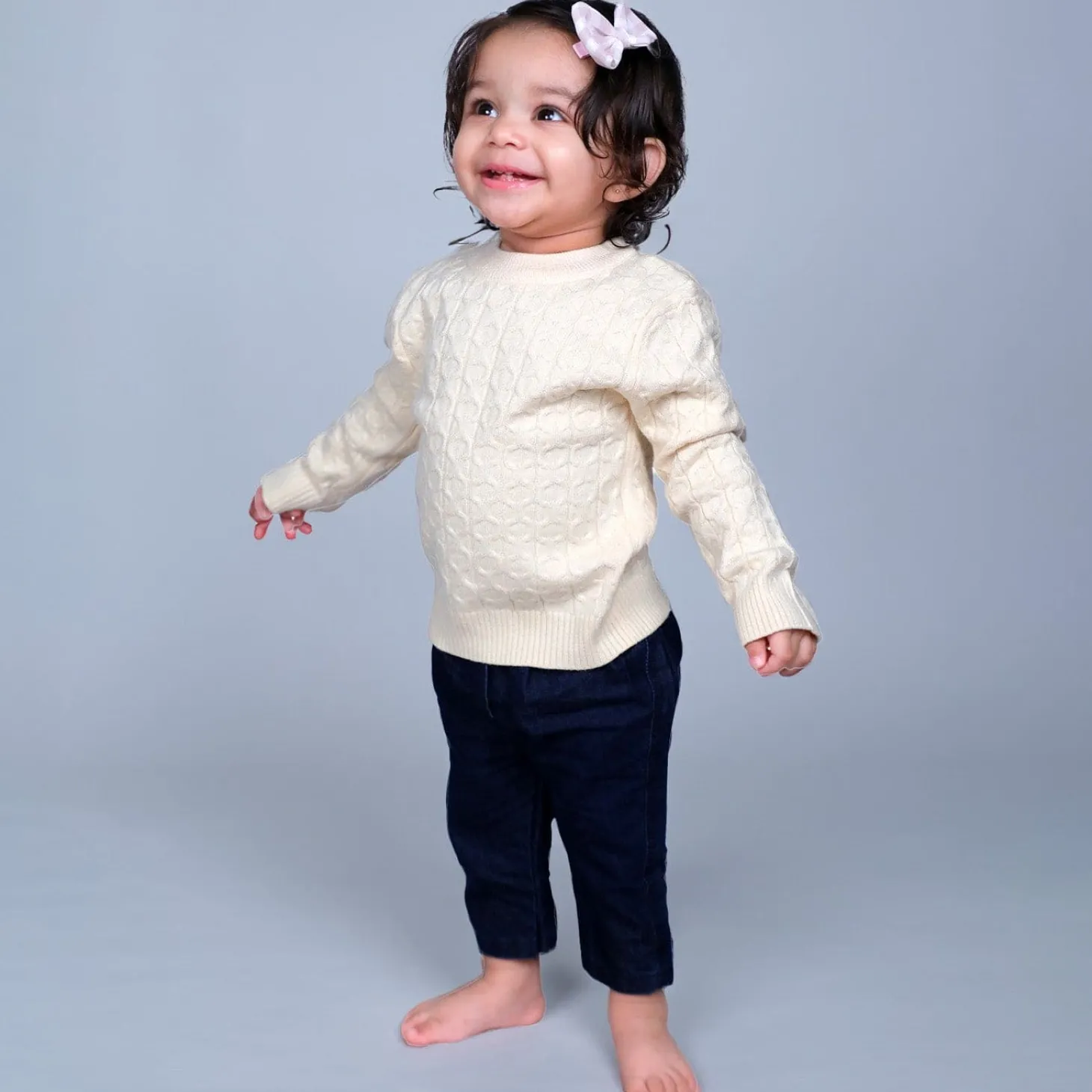 Classic Solid Round Neck Premium Full Sleeves Cable Knit Sweater - Off White