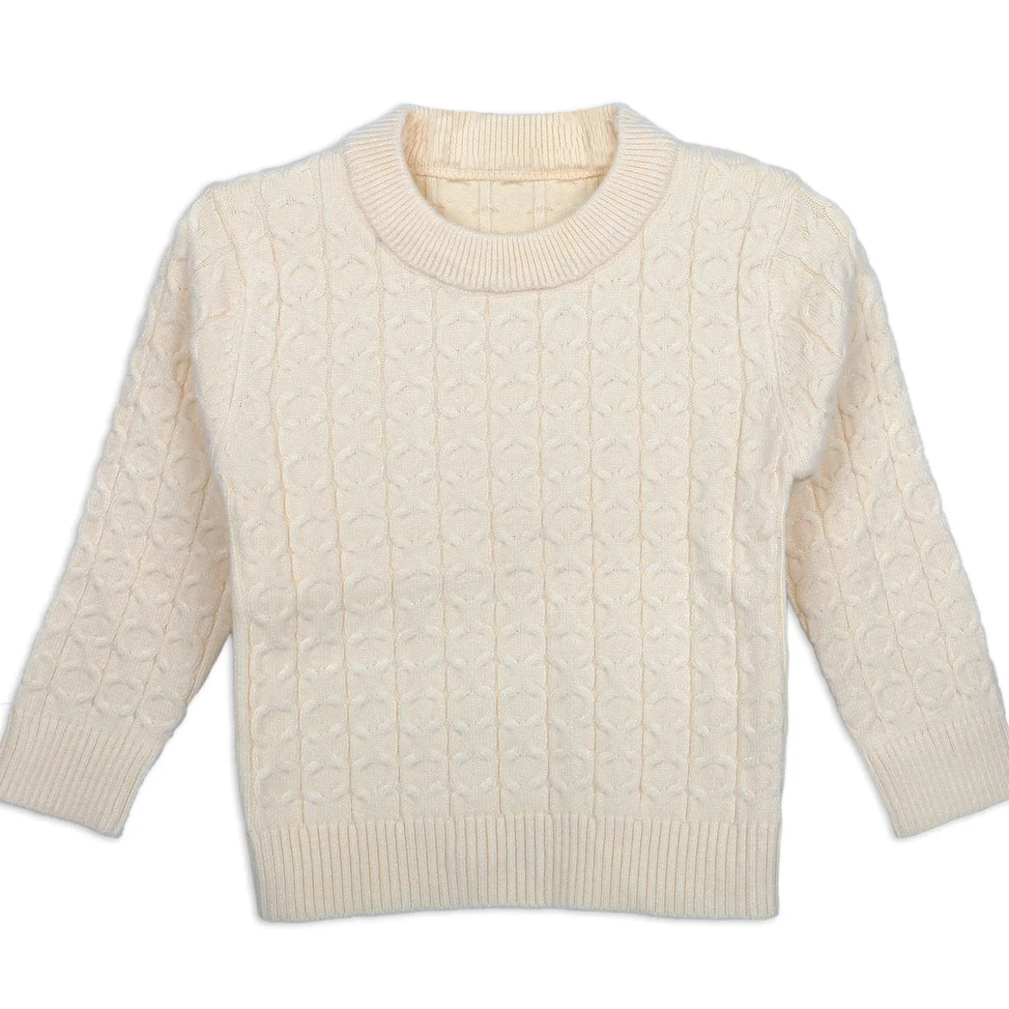 Classic Solid Round Neck Premium Full Sleeves Cable Knit Sweater - Off White
