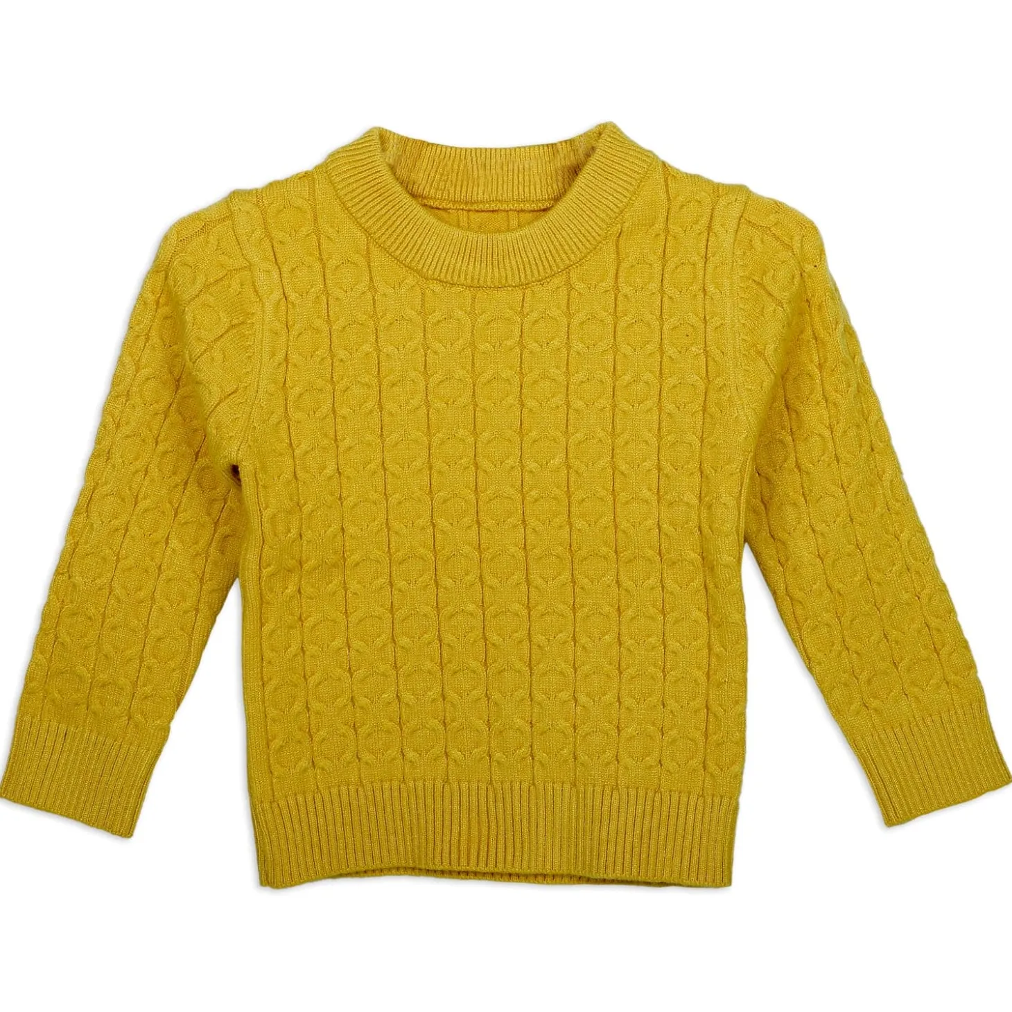 Classic Solid Round Neck Premium Full Sleeves Cable Knit Sweater - Mustard
