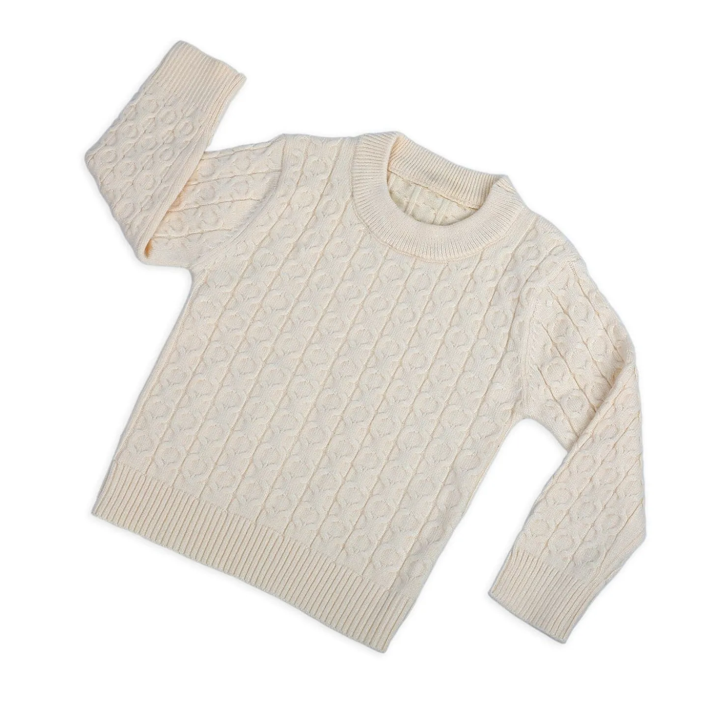 Classic Solid Round Neck Premium Full Sleeves Cable Knit Sweater - Off White