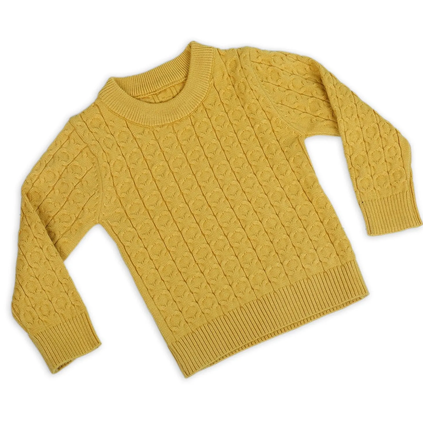 Classic Solid Round Neck Premium Full Sleeves Cable Knit Sweater - Mustard