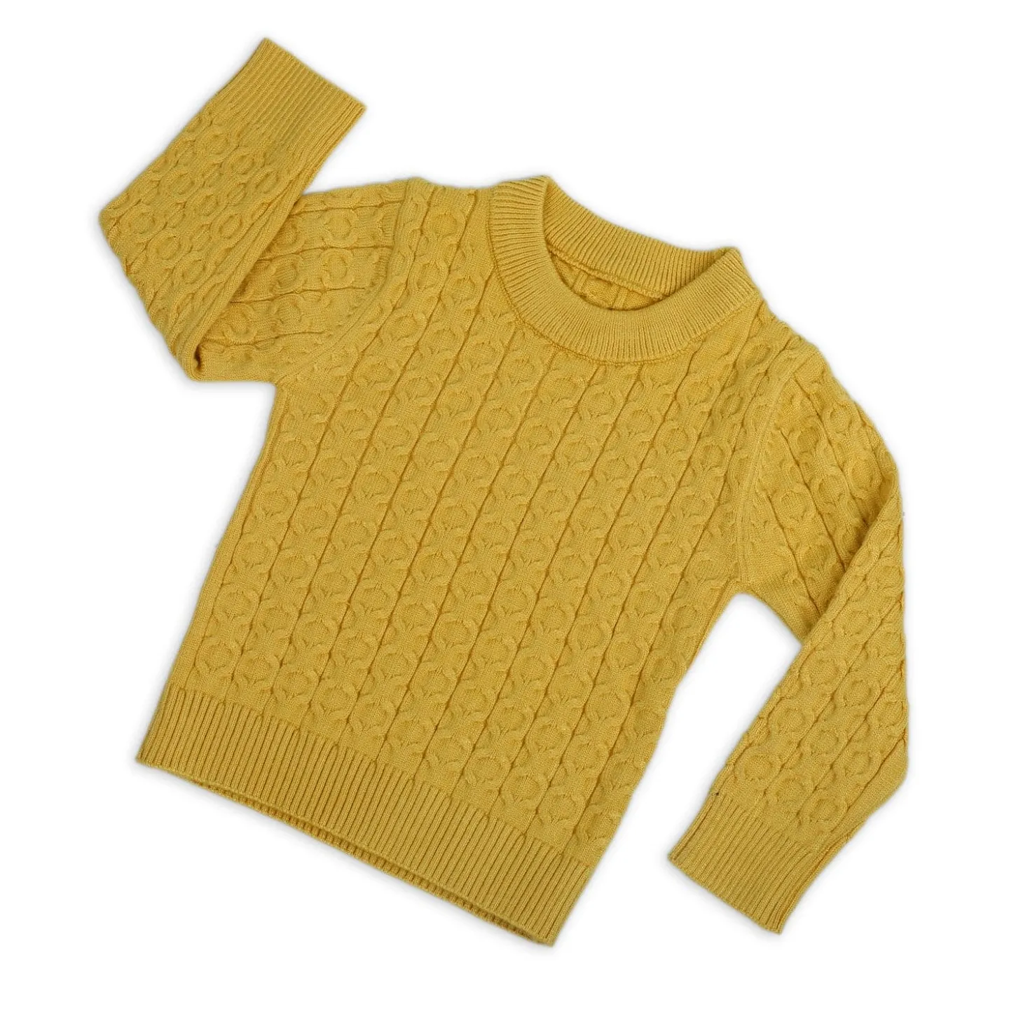 Classic Solid Round Neck Premium Full Sleeves Cable Knit Sweater - Mustard