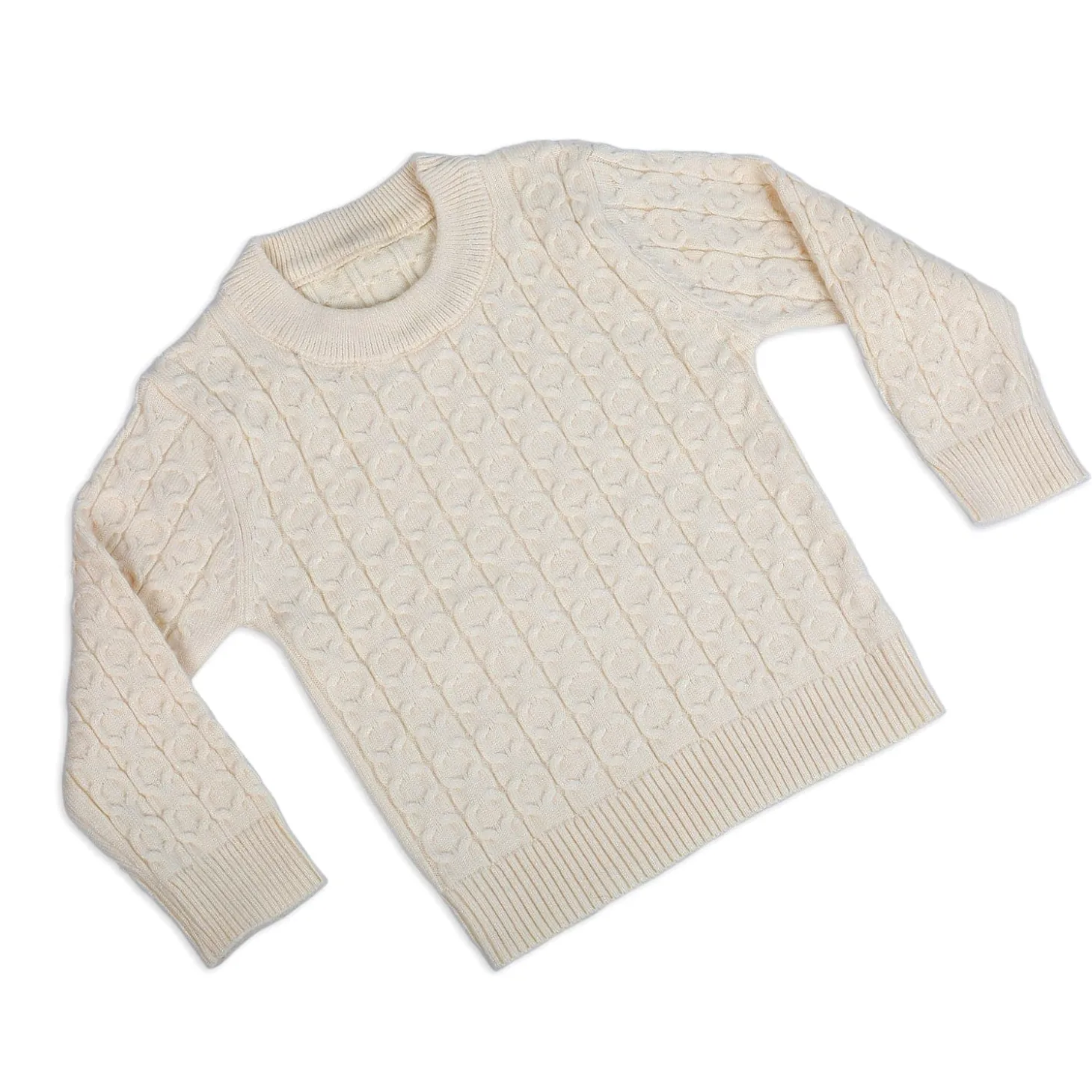 Classic Solid Round Neck Premium Full Sleeves Cable Knit Sweater - Off White