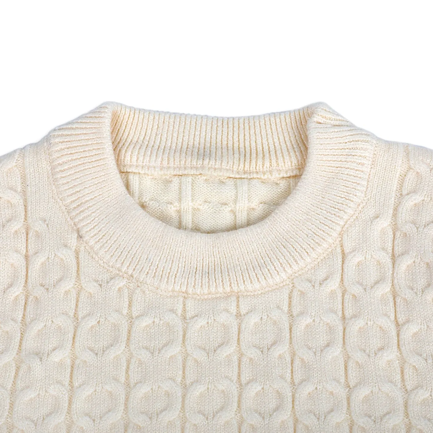Classic Solid Round Neck Premium Full Sleeves Cable Knit Sweater - Off White