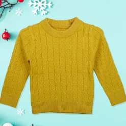 Classic Solid Round Neck Premium Full Sleeves Cable Knit Sweater - Mustard