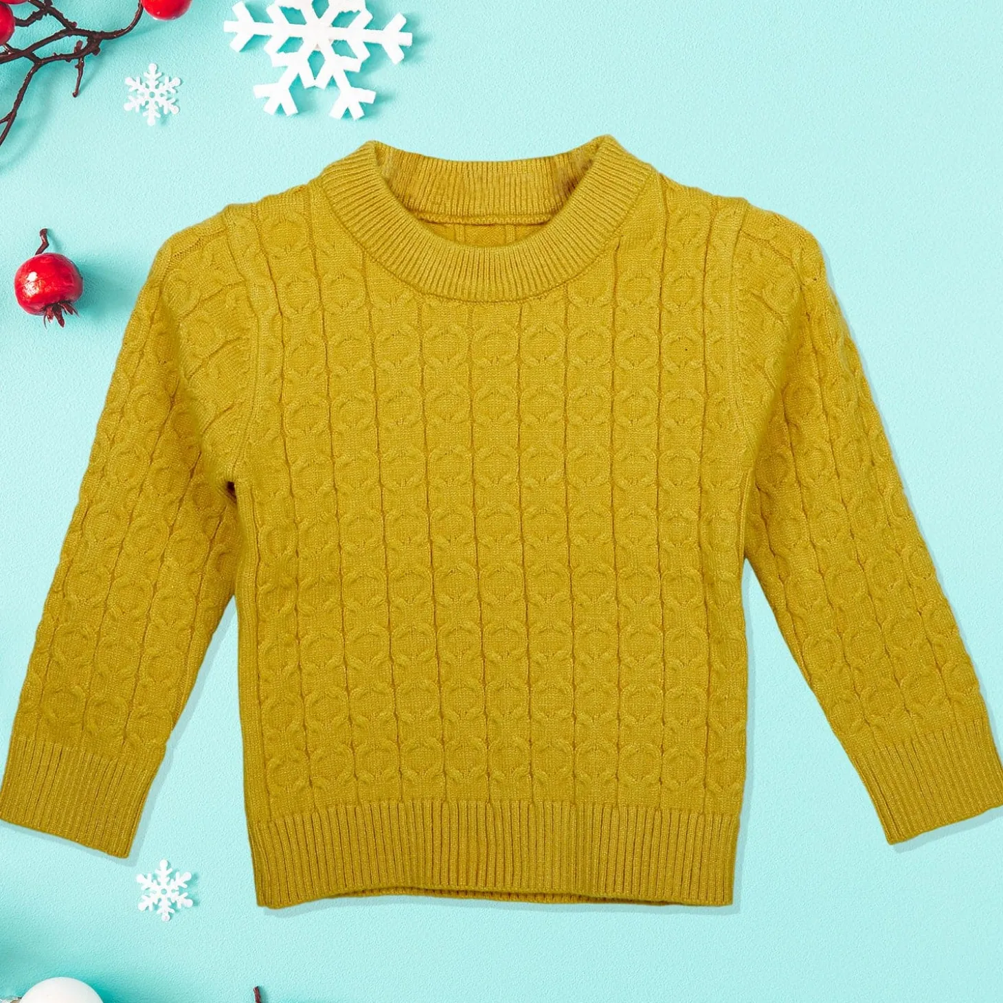 Classic Solid Round Neck Premium Full Sleeves Cable Knit Sweater - Mustard