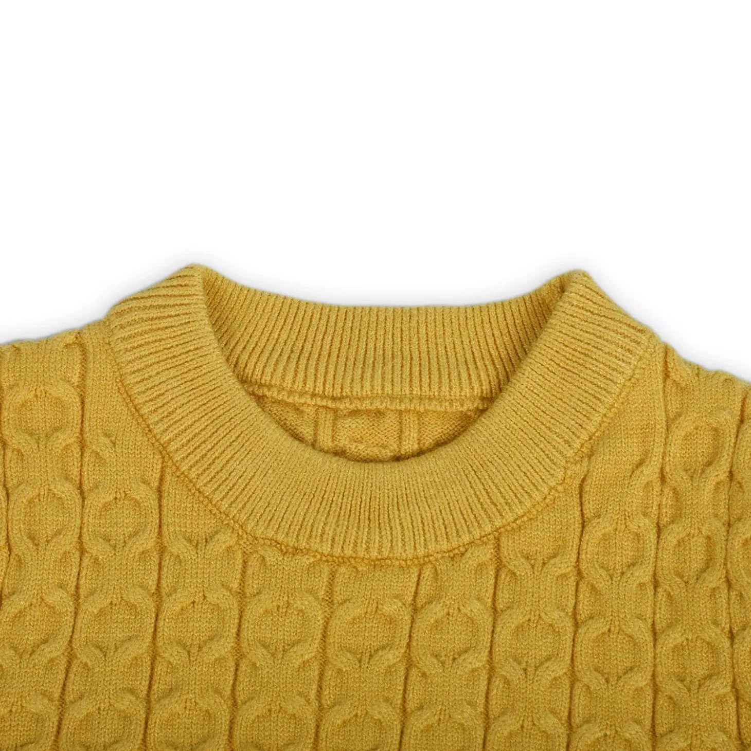 Classic Solid Round Neck Premium Full Sleeves Cable Knit Sweater - Mustard