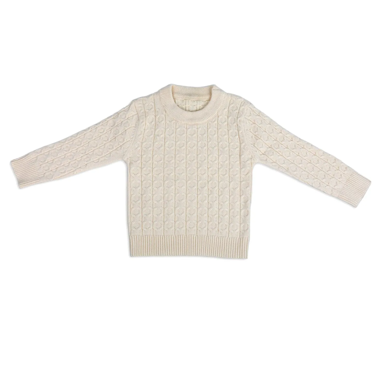 Classic Solid Round Neck Premium Full Sleeves Cable Knit Sweater - Off White